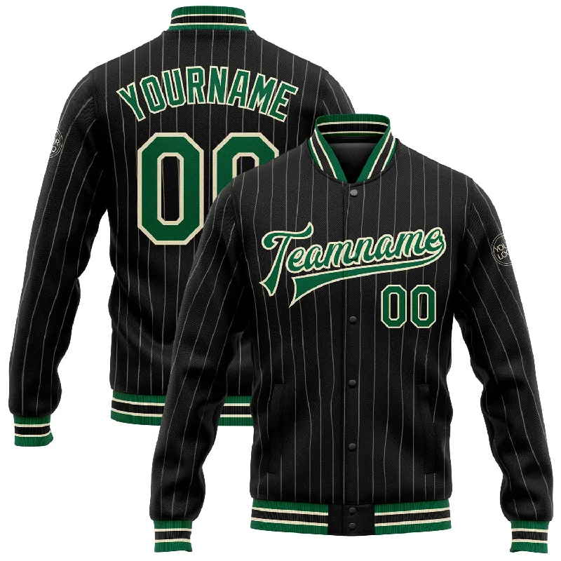 Classic And Timeless Unisex Style Big Discounts Custom Black Cream Pinstripe Kelly Green Bomber Full-Snap Varsity Letterman Jacket