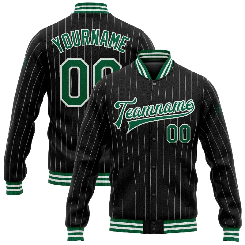 Breathable And Lightweight Unisex Wear Discount Extravaganza Custom Black White Pinstripe Kelly Green Bomber Full-Snap Varsity Letterman Jacket