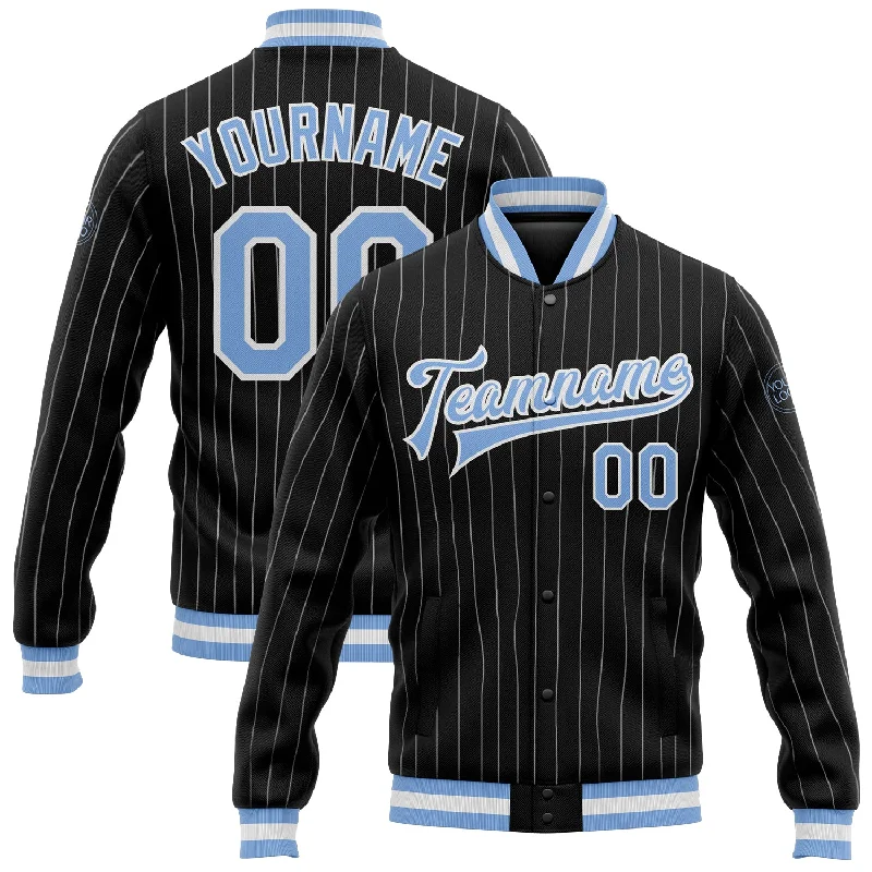 Trendy Unisex Streetwear Fashion Limited Time Special Offer Custom Black White Pinstripe Light Blue Bomber Full-Snap Varsity Letterman Jacket