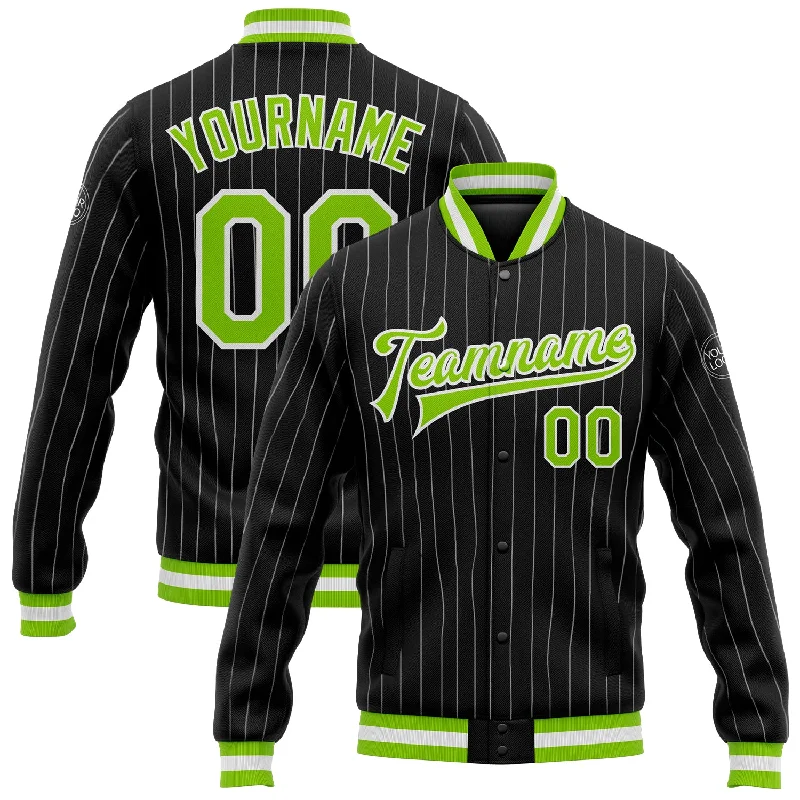 Trendy Unisex Low Price Special Custom Black White Pinstripe Neon Green Bomber Full-Snap Varsity Letterman Jacket