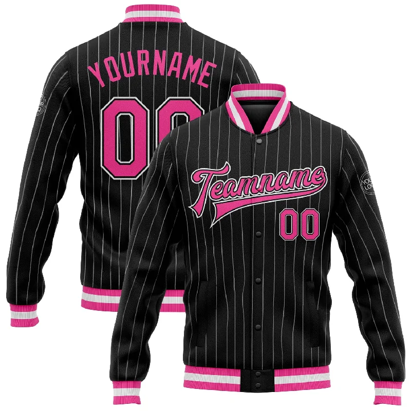 Oversized Unisex Fashion Pieces Limited Stock Custom Black White Pinstripe Pink Bomber Full-Snap Varsity Letterman Jacket