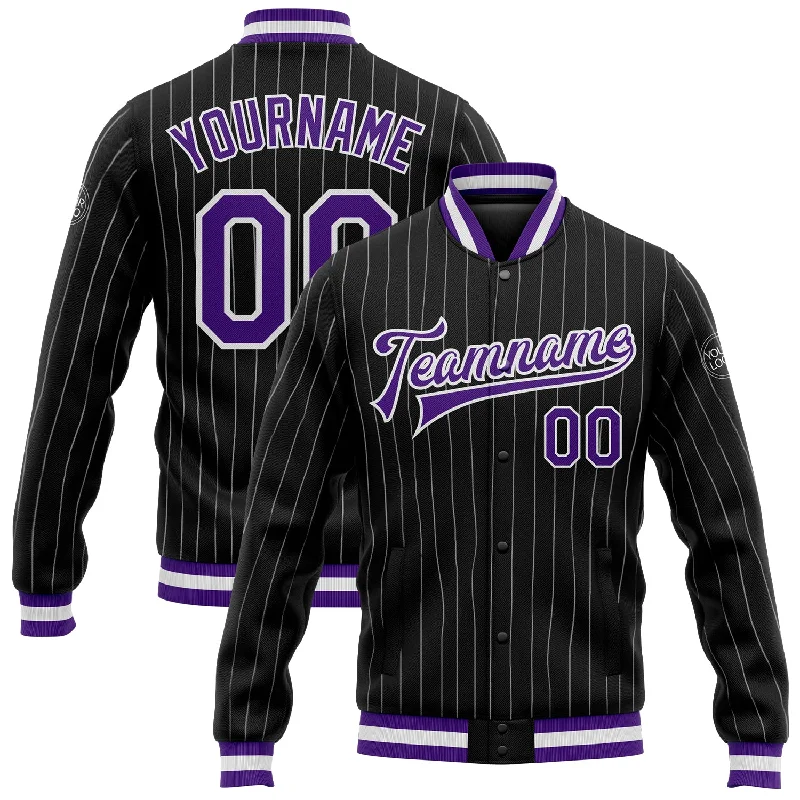 Urban Unisex Fashion Outfits Budget Friendly Custom Black White Pinstripe Purple Bomber Full-Snap Varsity Letterman Jacket