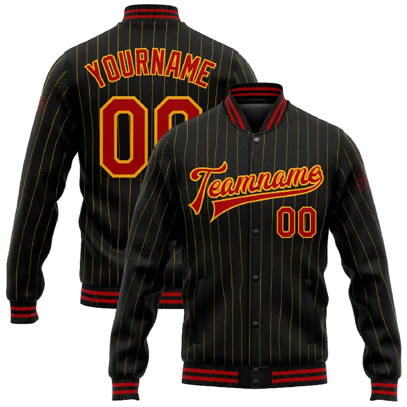 Trendy Unisex Effortless Style, Endless Impact Custom Black Gold Pinstripe Red Bomber Full-Snap Varsity Letterman Jacket