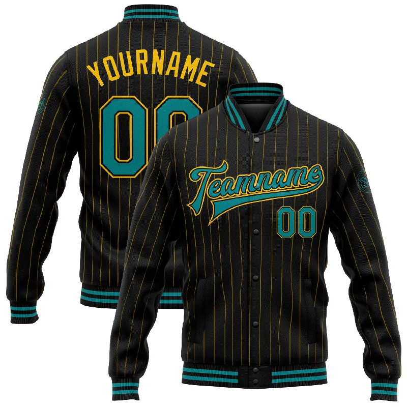 Comfortable Unisex Streetwear Chic & Cozy Collection Custom Black Yellow Pinstripe Teal Bomber Full-Snap Varsity Letterman Jacket