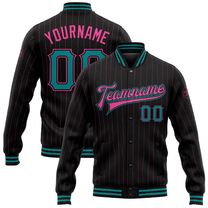 High-Quality Unisex Fashion Basics Hot Brand Discounts Custom Black Pink Pinstripe Teal Bomber Full-Snap Varsity Letterman Jacket