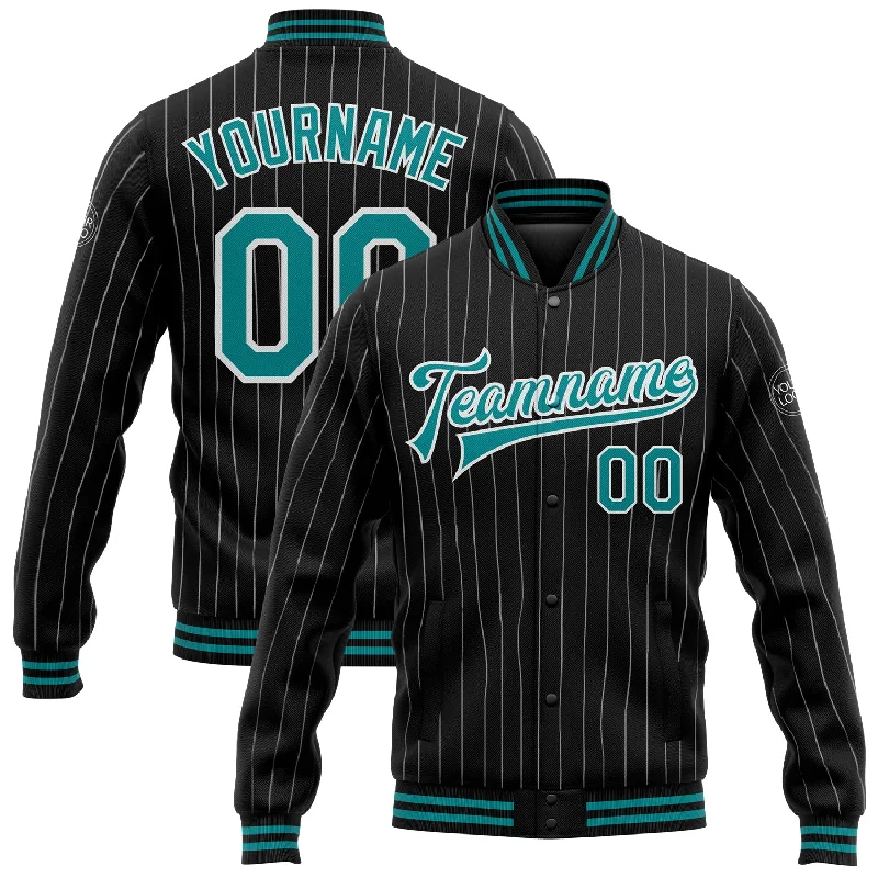 Minimalist Unisex Fashion Essentials New In This Season Custom Black White Pinstripe Teal Bomber Full-Snap Varsity Letterman Jacket