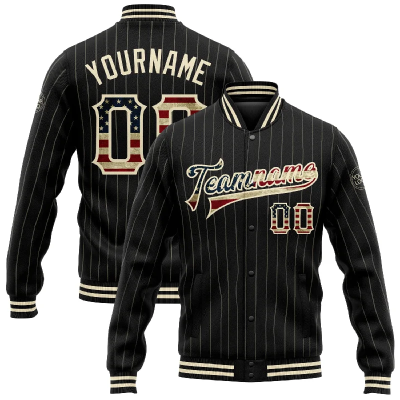 Bold And Trendy Gender-Neutral Outfits New Arrivals Custom Black Cream Pinstripe Vintage USA Flag Bomber Full-Snap Varsity Letterman Jacket