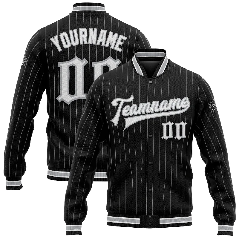 Unisex Everyday Fashion Essentials Trendy Threads Custom Black Gray Pinstripe White Bomber Full-Snap Varsity Letterman Jacket