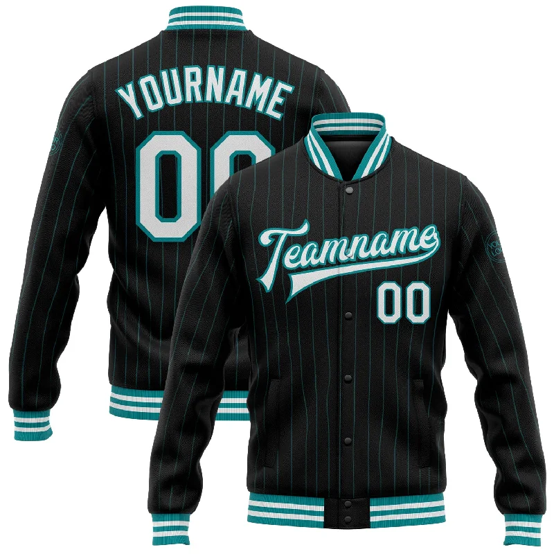 Breathable And Lightweight Unisex Wear Special Offer For You Custom Black Teal Pinstripe White Bomber Full-Snap Varsity Letterman Jacket