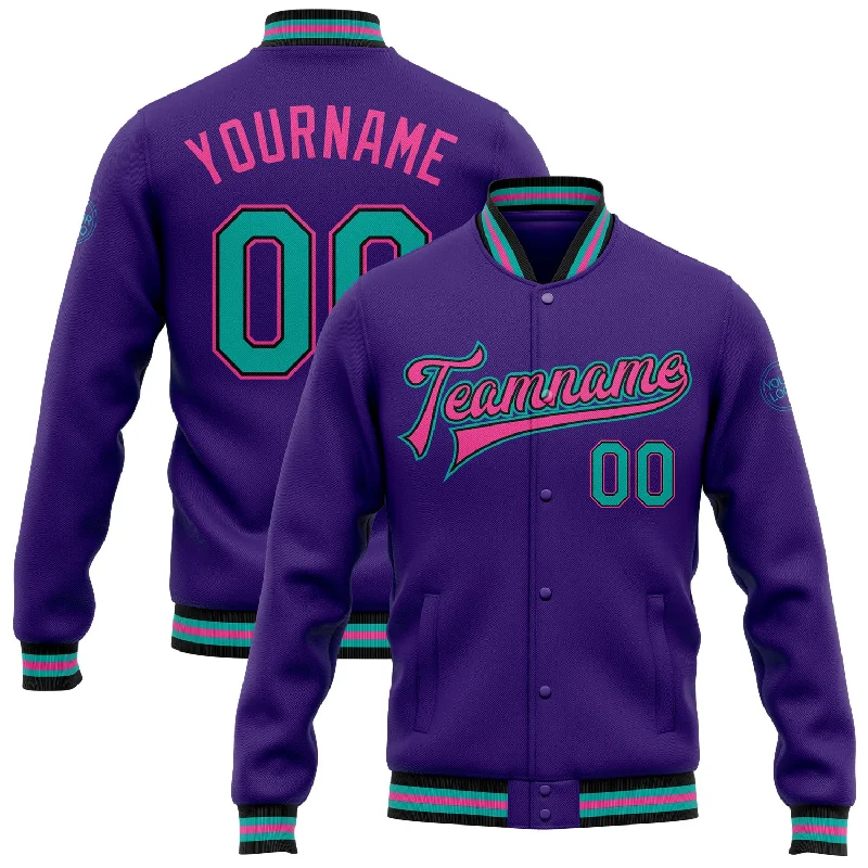 Unisex Everyday Fashion Essentials Trendy Street Style Custom Purple Aqua Black-Pink Bomber Full-Snap Varsity Letterman Jacket