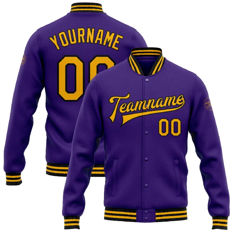 Unisex Casual Fashion Trends Fashion Sale Custom Purple Gold=Black Bomber Full-Snap Varsity Letterman Jacket