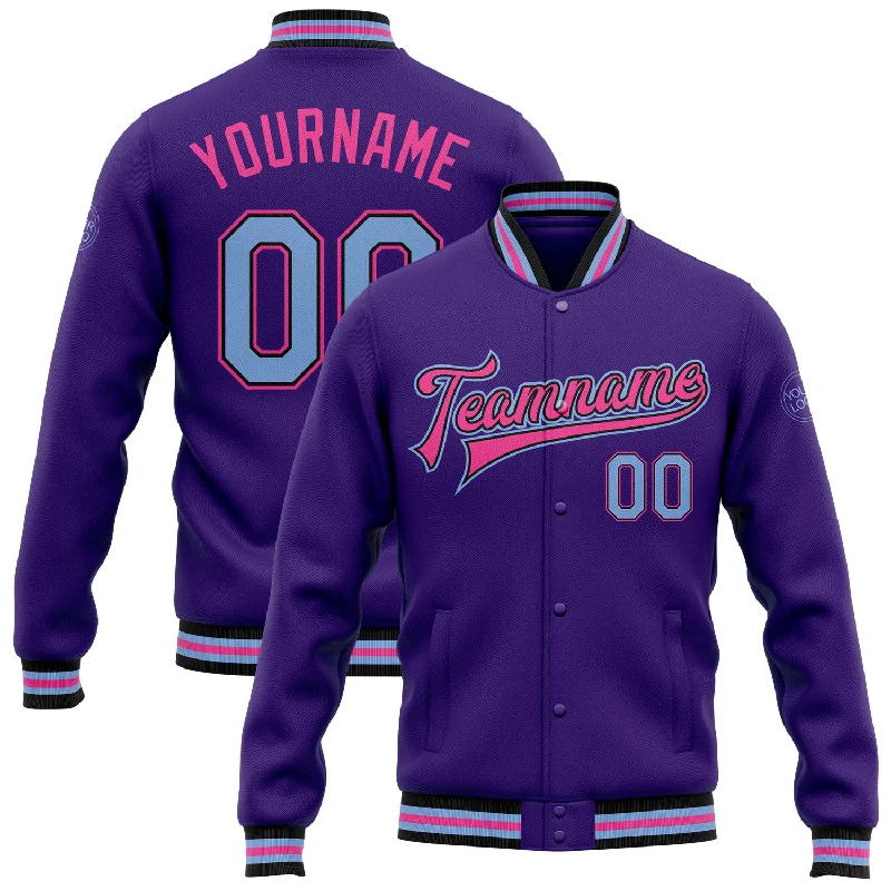 Minimalist Unisex Wardrobe Must-Haves Stylish Deals Custom Purple Light Blue Black-Pink Bomber Full-Snap Varsity Letterman Jacket