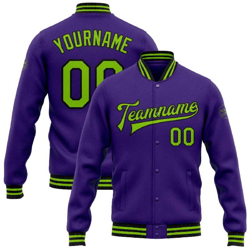 Classic And Timeless Unisex Style Timeless Style Promotions Custom Purple Neon Green-Black Bomber Full-Snap Varsity Letterman Jacket