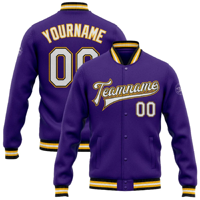 Elegant And Minimal Gender-Free Clothing Premium Style Custom Purple White Black-Gold Bomber Full-Snap Varsity Letterman Jacket