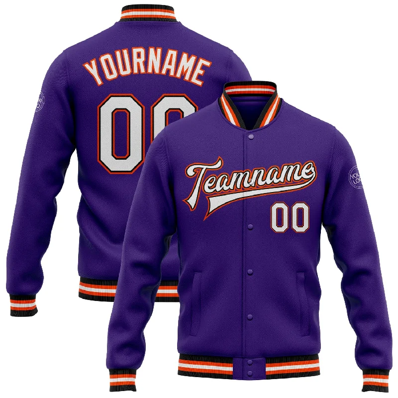 Functional And Stylish Unisex Outerwear Premium Fashion Custom Purple White Black-Orange Bomber Full-Snap Varsity Letterman Jacket