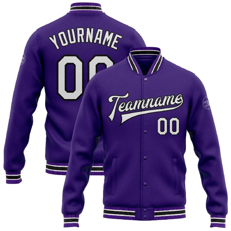 Bold And Trendy Gender-Neutral Outfits Best-Sellers Custom Purple White-Black Bomber Full-Snap Varsity Letterman Jacket