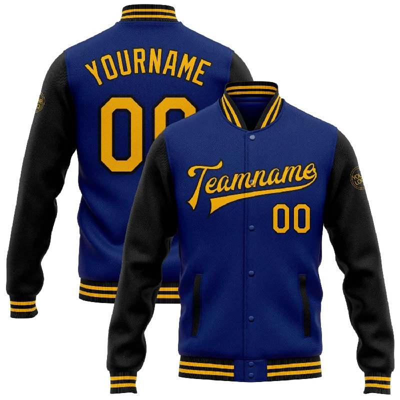 Fashion-Forward Unisex Apparel Explore What'S New Custom Royal Gold-Black Bomber Full-Snap Varsity Letterman Two Tone Jacket