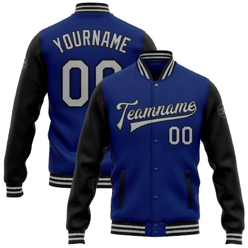 Sustainable Gender-Neutral Apparel Season Offer Custom Royal Gray-Black Bomber Full-Snap Varsity Letterman Two Tone Jacket