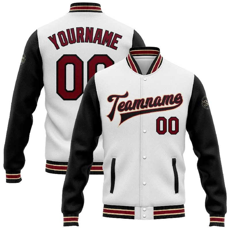 Urban Unisex Fashion Outfits Premium Style Custom White Crimson Black-City Cream Bomber Full-Snap Varsity Letterman Two Tone Jacket