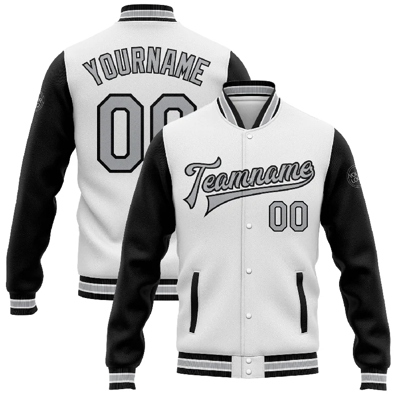 Trendy Unisex Streetwear Fashion Casual Chic Deals Custom White Gray-Black Bomber Full-Snap Varsity Letterman Two Tone Jacket