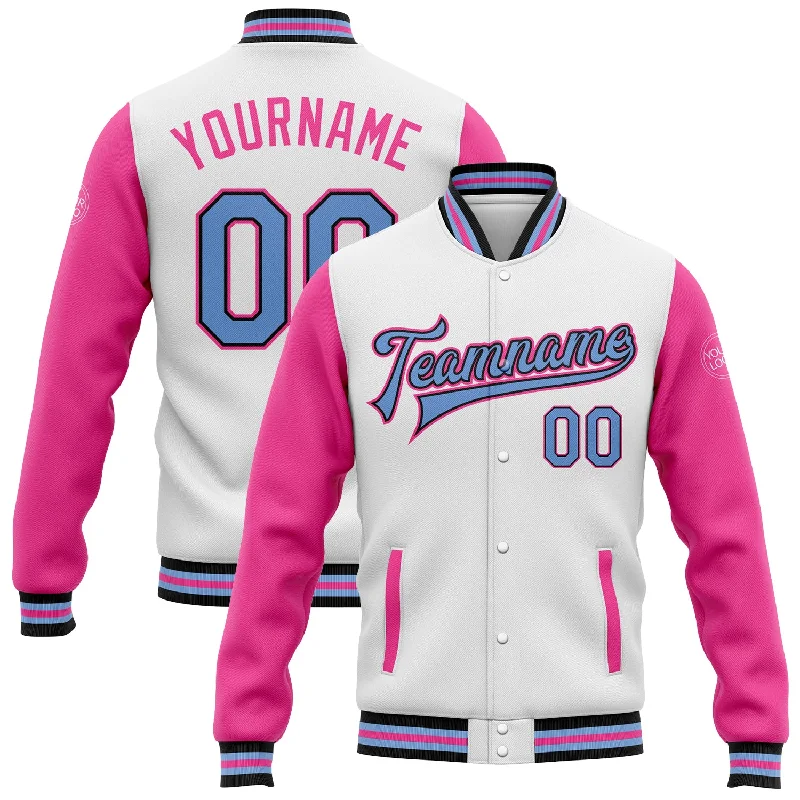 Minimalist Unisex Wardrobe Must-Haves Hot Styles Custom White Light Blue Black-Pink Bomber Full-Snap Varsity Letterman Two Tone Jacket