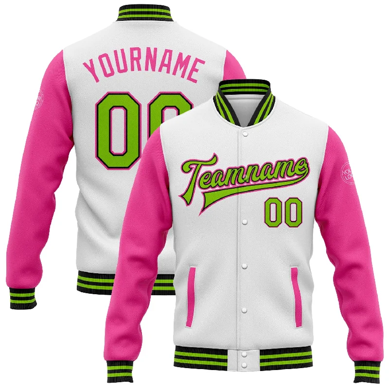 Classic And Timeless Unisex Style Exclusive Sale Custom White Neon Green Black-Pink Bomber Full-Snap Varsity Letterman Two Tone Jacket