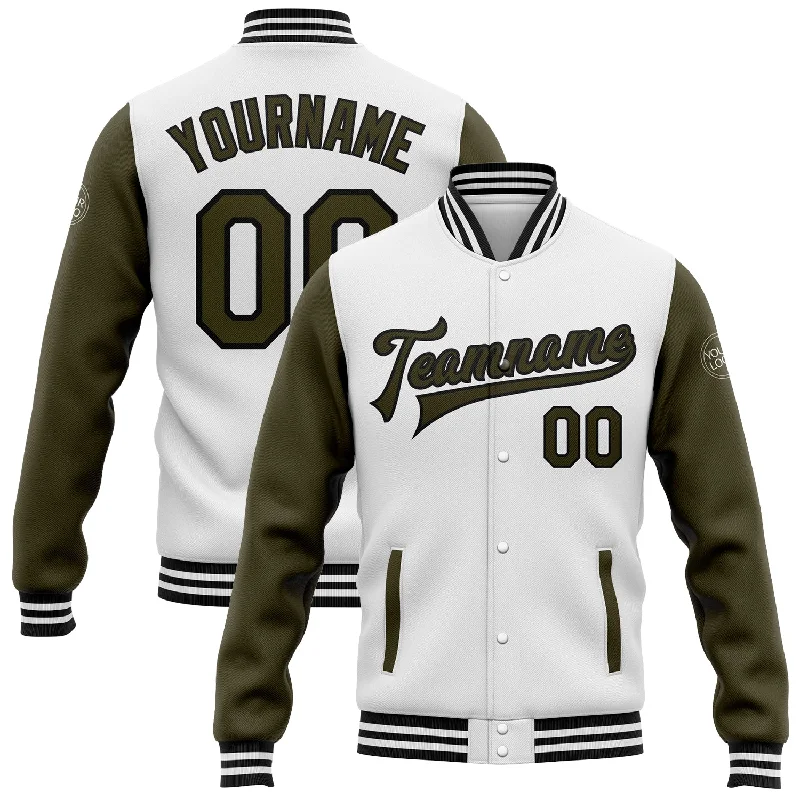 Modern Unisex Clothing For Any Occasion End-Of-Season Clearance Custom White Olive-Black Bomber Full-Snap Varsity Letterman Two Tone Jacket