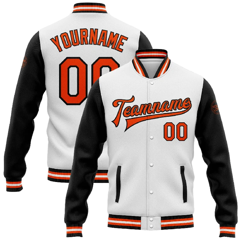 Breathable And Lightweight Unisex Wear Minimalist Fashion Sale Custom White Orange-Black Bomber Full-Snap Varsity Letterman Two Tone Jacket