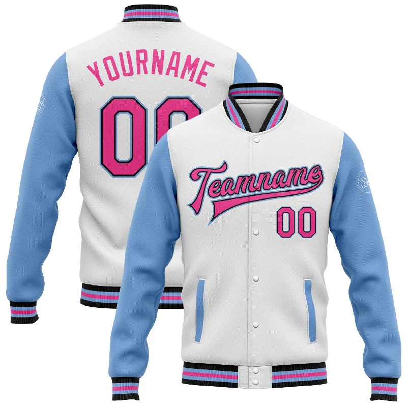 Elegant And Minimal Gender-Free Clothing Limited Styles Custom White Pink Black-Light Blue Bomber Full-Snap Varsity Letterman Two Tone Jacket