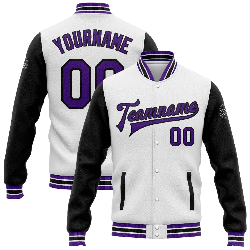 Modern Unisex Wardrobe Staples Premium Fashion Custom White Purple-Black Bomber Full-Snap Varsity Letterman Two Tone Jacket