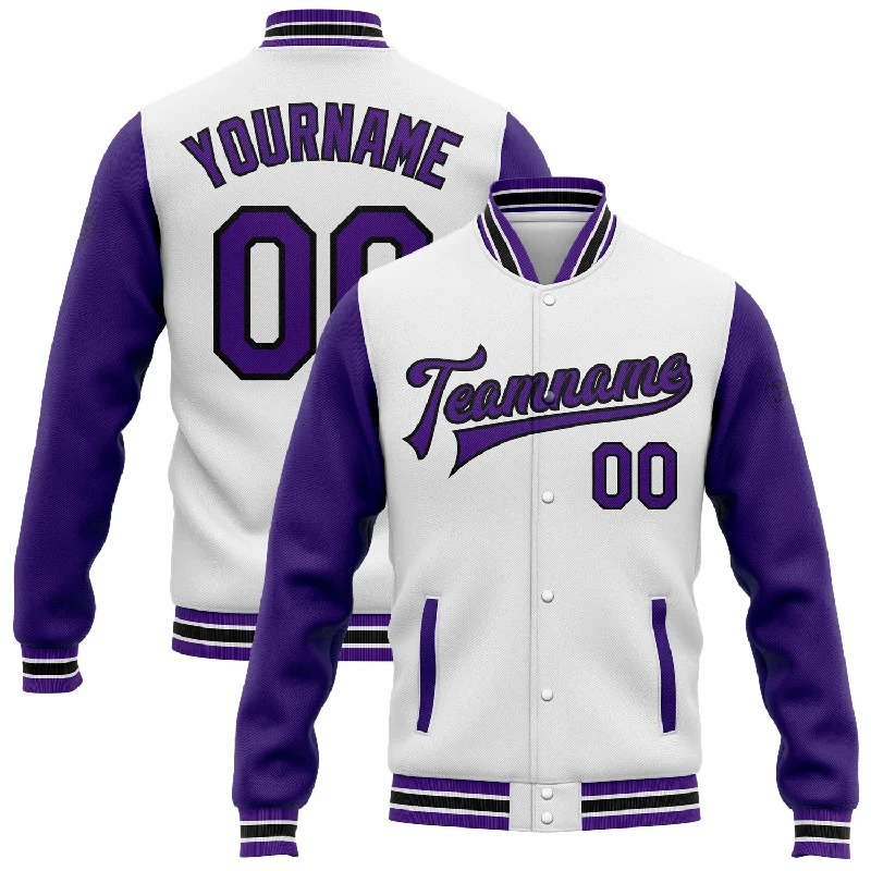 Lightweight And Breathable Unisex Wear Snag Fabulous Fashion Bargains Custom White Purple-Black Bomber Full-Snap Varsity Letterman Two Tone Jacket