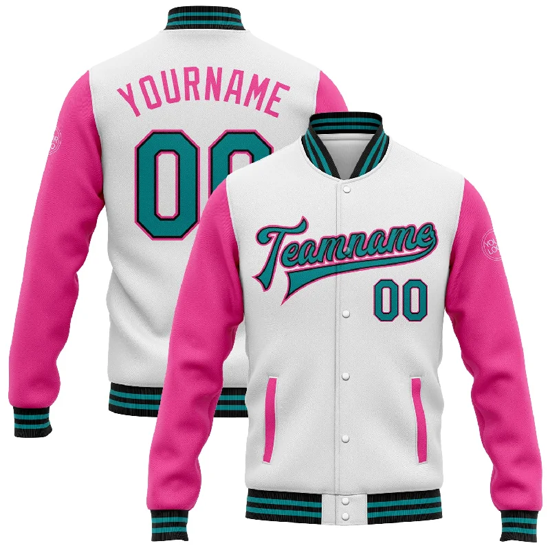 Sleek And Contemporary Gender-Free Outfits Seasonal Trends Custom White Teal Black-Pink Bomber Full-Snap Varsity Letterman Two Tone Jacket