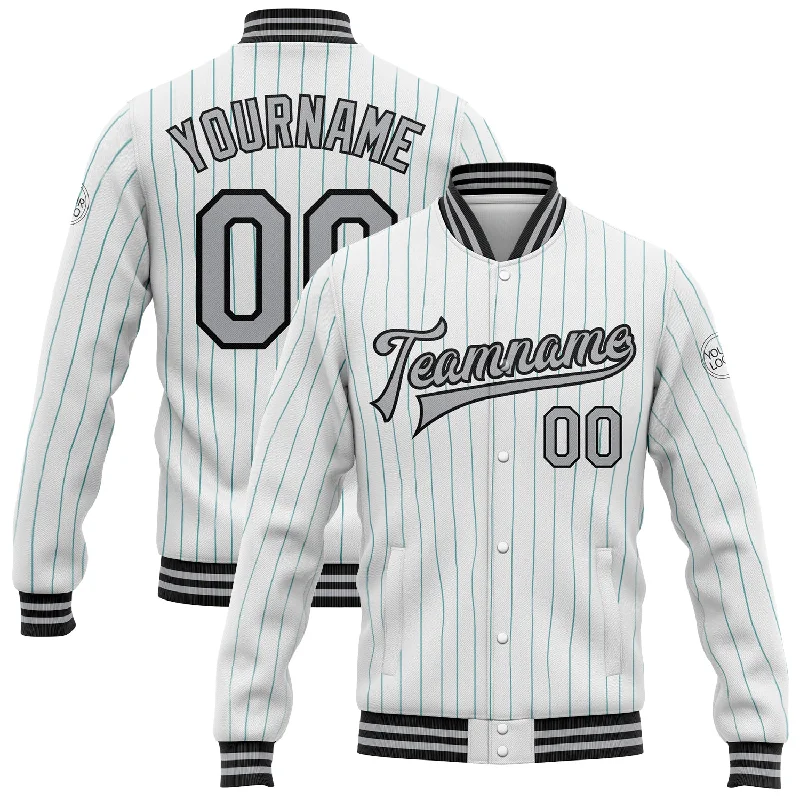 Trendy Unisex The Latest Trends Custom White Teal Pinstripe Gray-Black Bomber Full-Snap Varsity Letterman Jacket