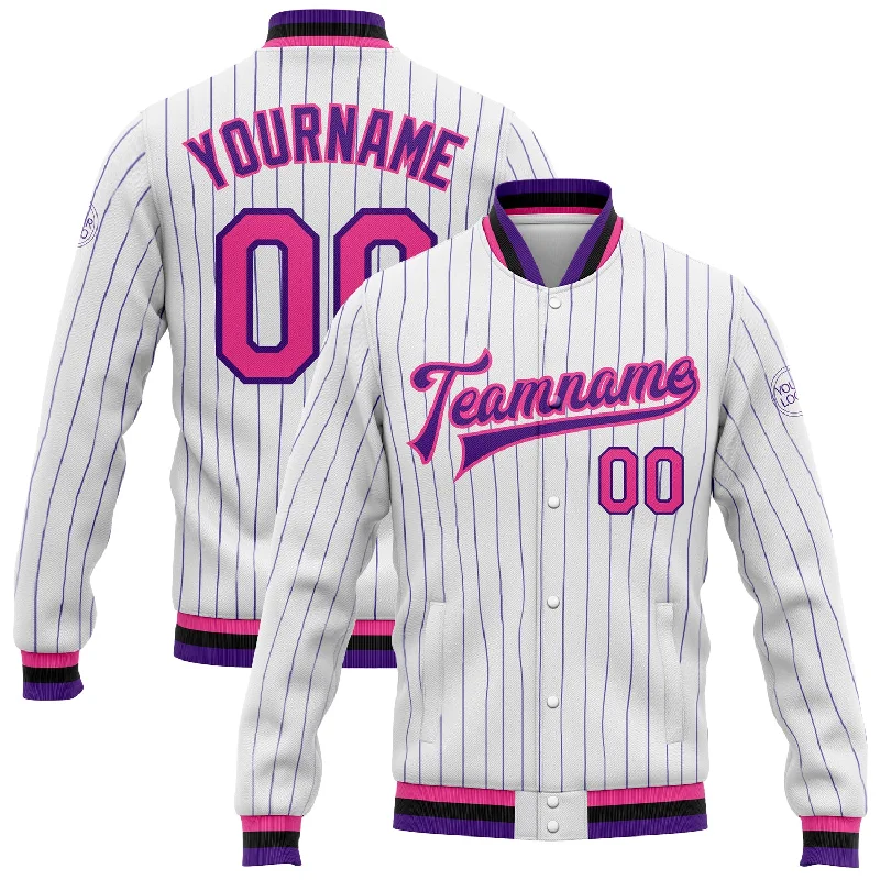 Elegant And Minimal Gender-Free Clothing Unbeatable Deals Custom White Purple Pinstripe Pink-Black Bomber Full-Snap Varsity Letterman Jacket