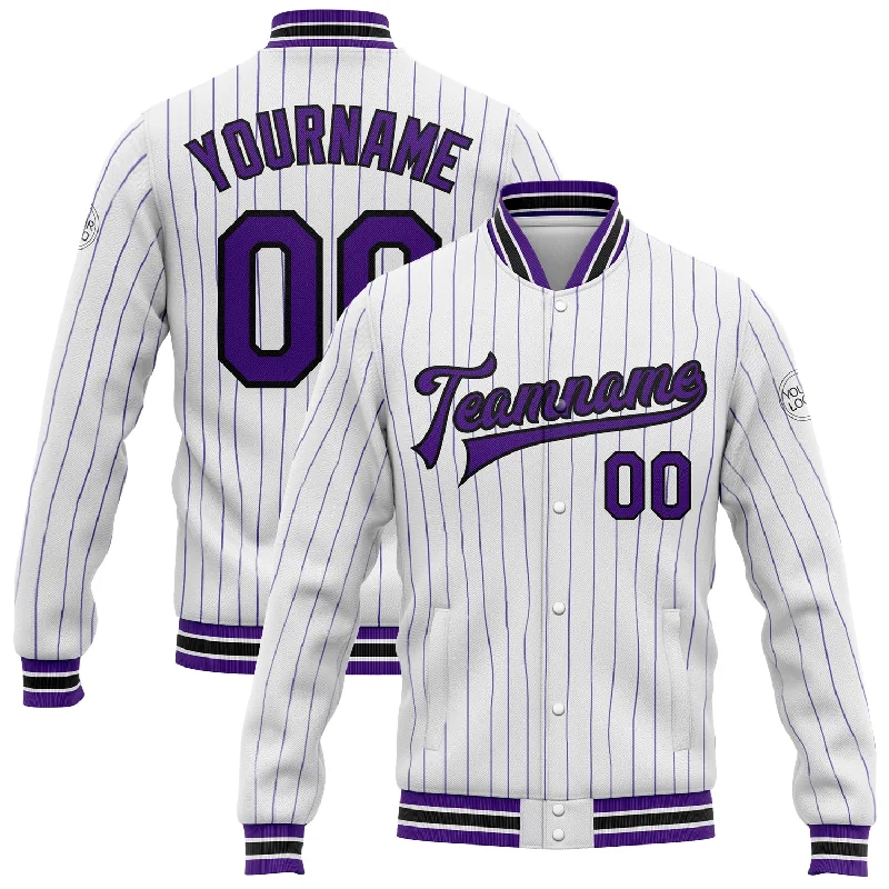 Versatile Unisex Layering Pieces Stupidly Low Prices Custom White Purple Pinstripe Black Bomber Full-Snap Varsity Letterman Jacket