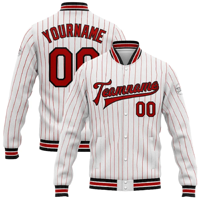 Urban-Inspired Unisex Fashion Pieces Mega Sale Custom White Red Pinstripe Black Bomber Full-Snap Varsity Letterman Jacket