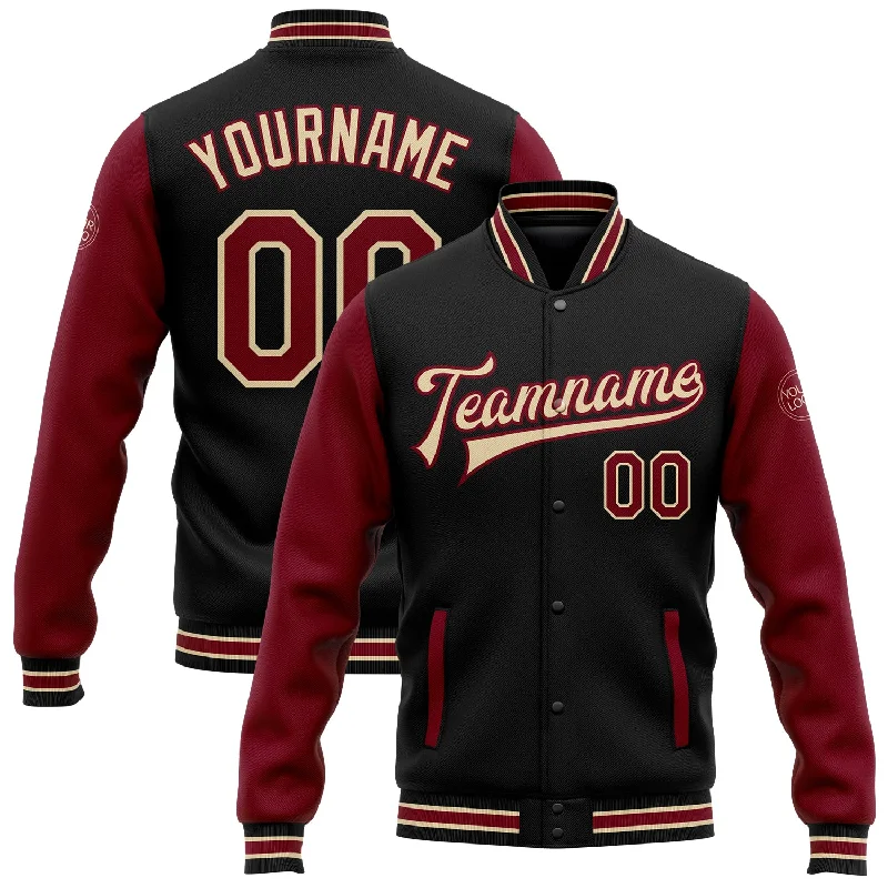 Oversized And Relaxed Unisex Fashion Modish Fashion Discounts Custom Black Crimson-City Cream Bomber Full-Snap Varsity Letterman Two Tone Jacket