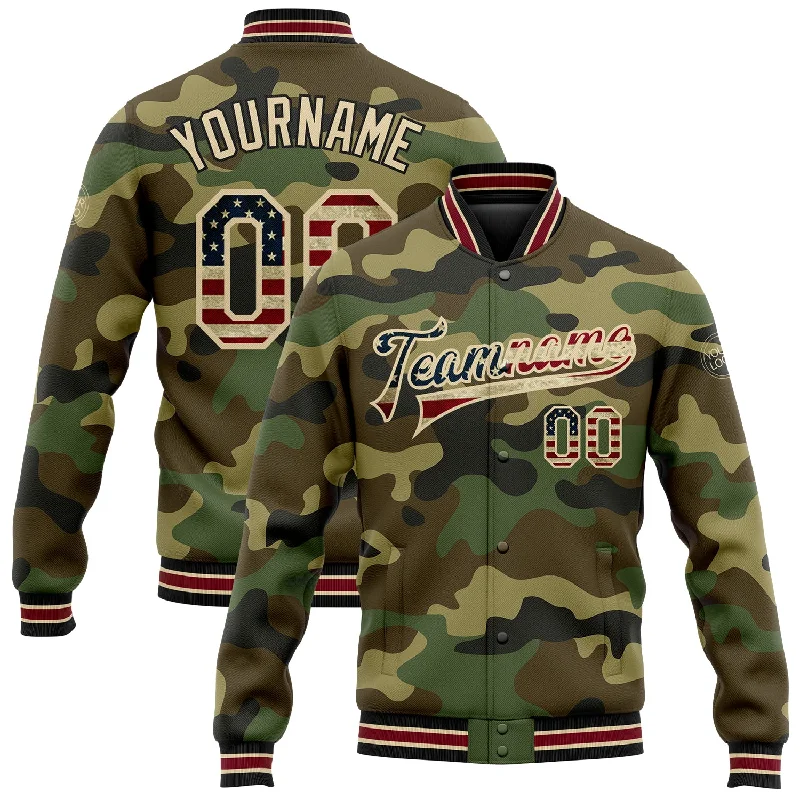 Unisex Casual Wear For All Seasons Crazy Discounts, Hurry Up Custom Camo Vintage USA Flag City Cream Crimson-Black Bomber Full-Snap Varsity Letterman Salute To Service Jacket