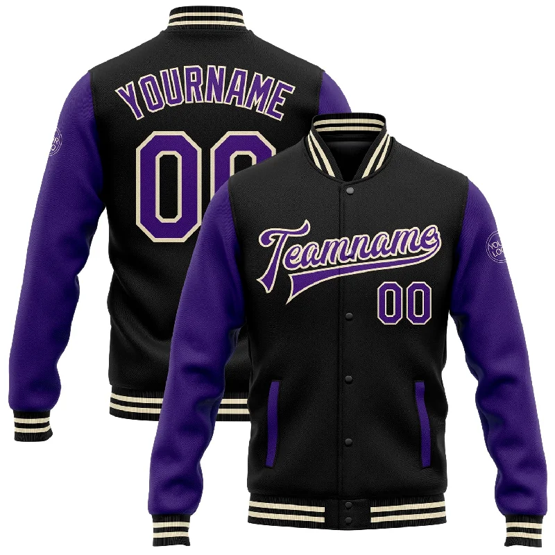 Unisex Everyday Fashion Essentials Luxury Casual Deals Custom Black Purple-Cream Bomber Full-Snap Varsity Letterman Two Tone Jacket