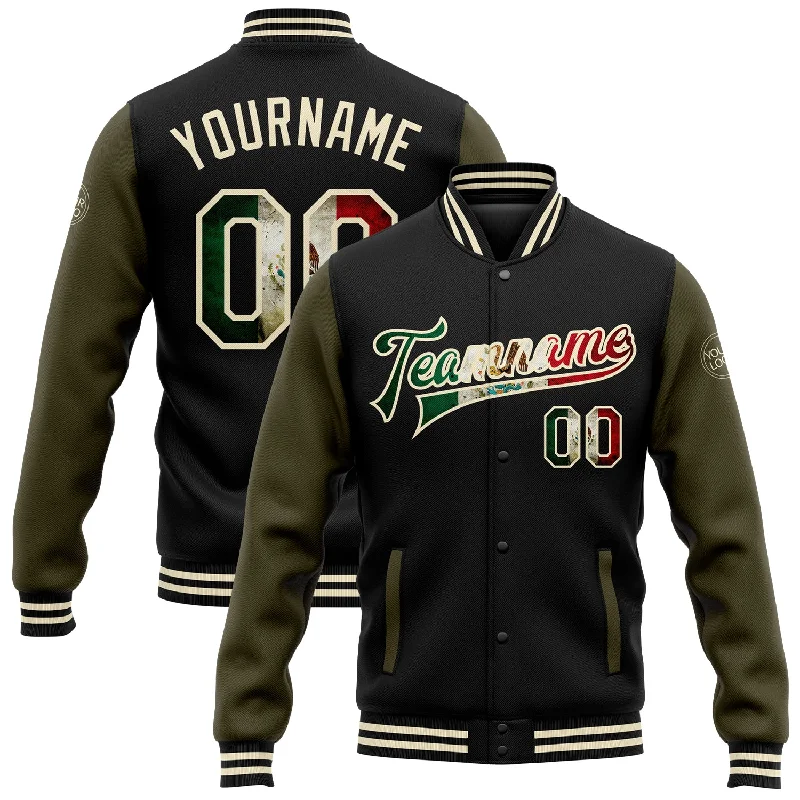 Versatile Clothing For All Genders Classy Style Discounts Custom Black Vintage Mexican Flag Cream-Olive Bomber Full-Snap Varsity Letterman Two Tone Jacket