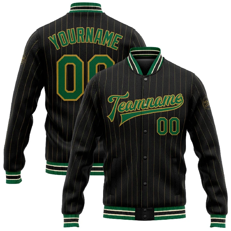 Gender-Neutral Trendy Clothing Styles Chic Styles Custom Black Old Gold Pinstripe Kelly Green-Cream Bomber Full-Snap Varsity Letterman Jacket