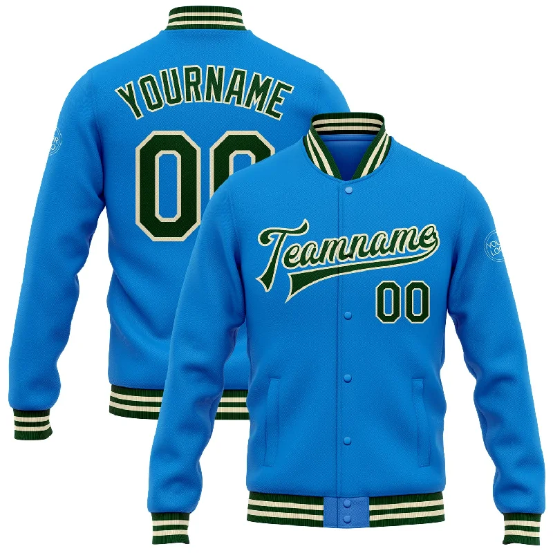 Trendy Unisex Streetwear Fashion New Arrivals Custom Powder Blue Green-Cream Bomber Full-Snap Varsity Letterman Jacket