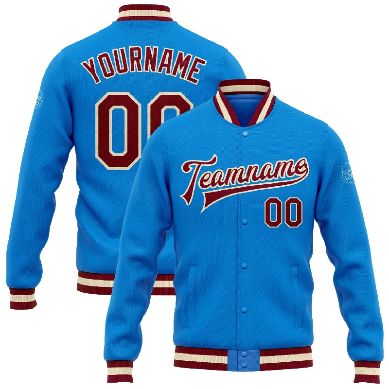 Oversized And Relaxed Unisex Fashion You'Ll Love Us Because Custom Powder Blue Maroon-Cream Bomber Full-Snap Varsity Letterman Jacket