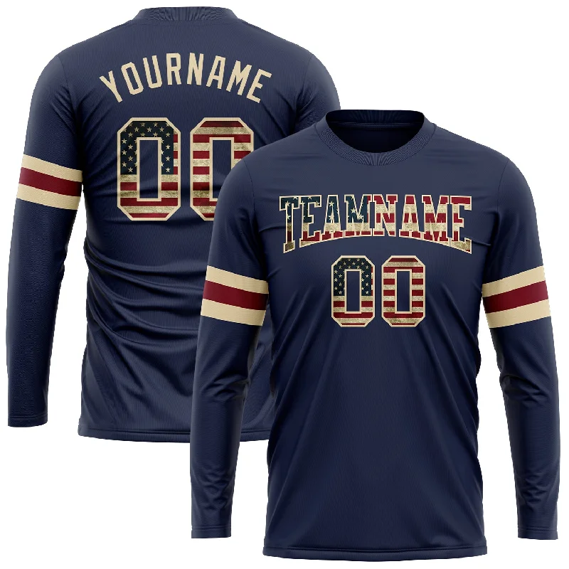 Trendy Unisex Embrace New Fashion Custom Navy Vintage USA Flag Cream-Crimson Long Sleeve Performance Salute To Service T-Shirt