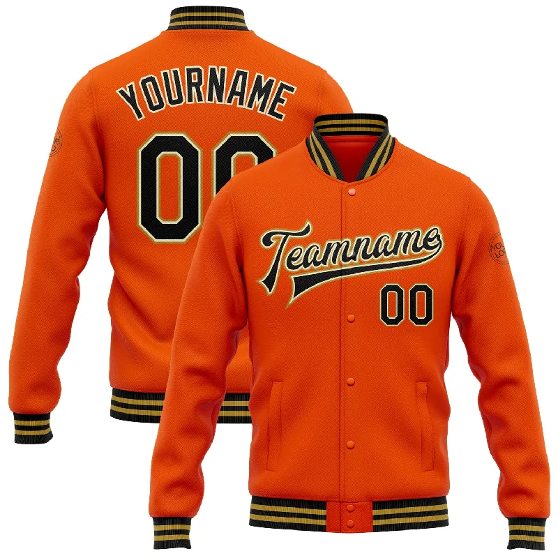 Sustainable Gender-Neutral Apparel Relaxed Style Custom Orange Black Cream-Old Gold Bomber Full-Snap Varsity Letterman Jacket