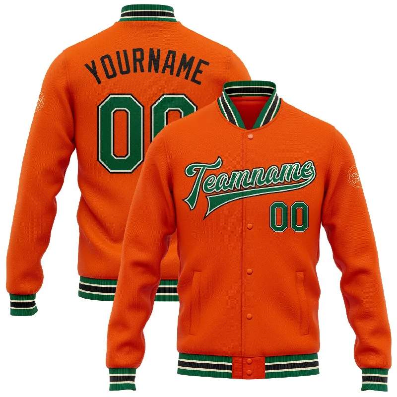 Contemporary Gender-Free Clothing Styles Sophisticated Fashion Custom Orange Kelly Green Cream-Black Bomber Full-Snap Varsity Letterman Jacket