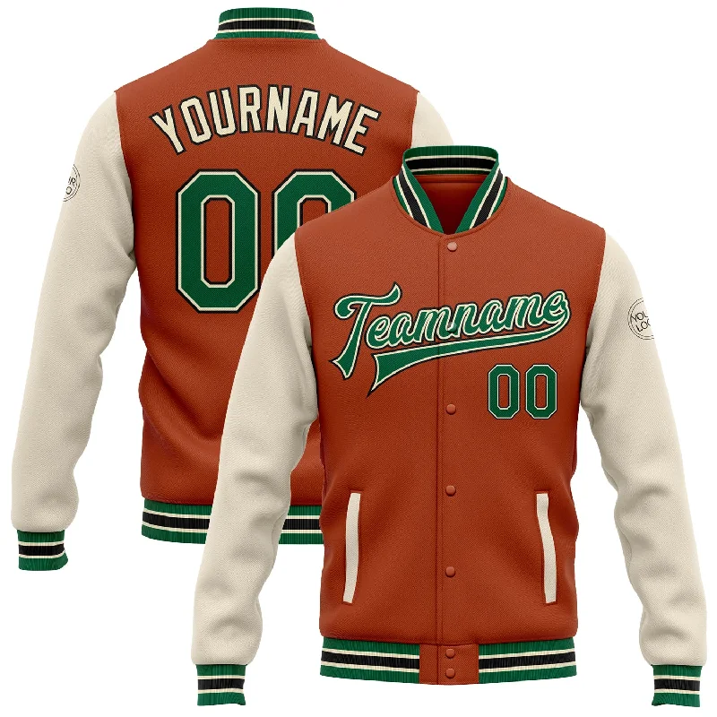 Unisex Casual Fashion Trends New Arrivals Custom Texas Orange Kelly Green Cream-Black Bomber Full-Snap Varsity Letterman Two Tone Jacket