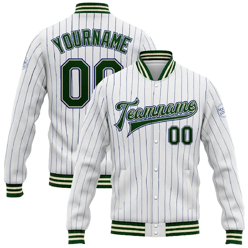 Sleek And Stylish Unisex Outerwear Stylish Looks Custom White Royal Pinstripe Green-Cream Bomber Full-Snap Varsity Letterman Jacket