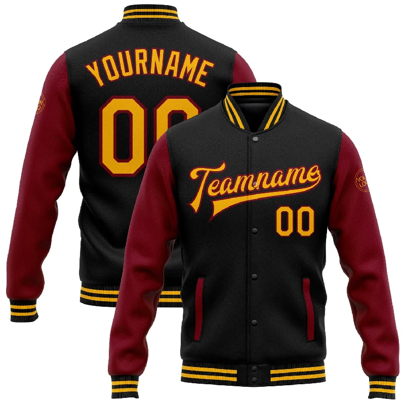 High-Quality Unisex Basics For All Occasions Elevated Casual Discounts Custom Black Gold-Crimson Bomber Full-Snap Varsity Letterman Two Tone Jacket