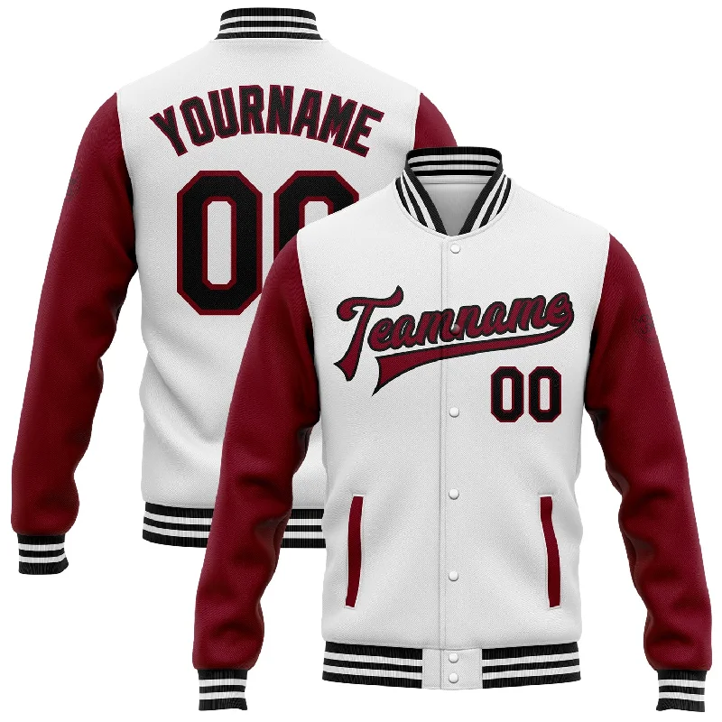 Versatile Unisex Layering Pieces Fashion Frontiers Custom White Black-Crimson Bomber Full-Snap Varsity Letterman Two Tone Jacket